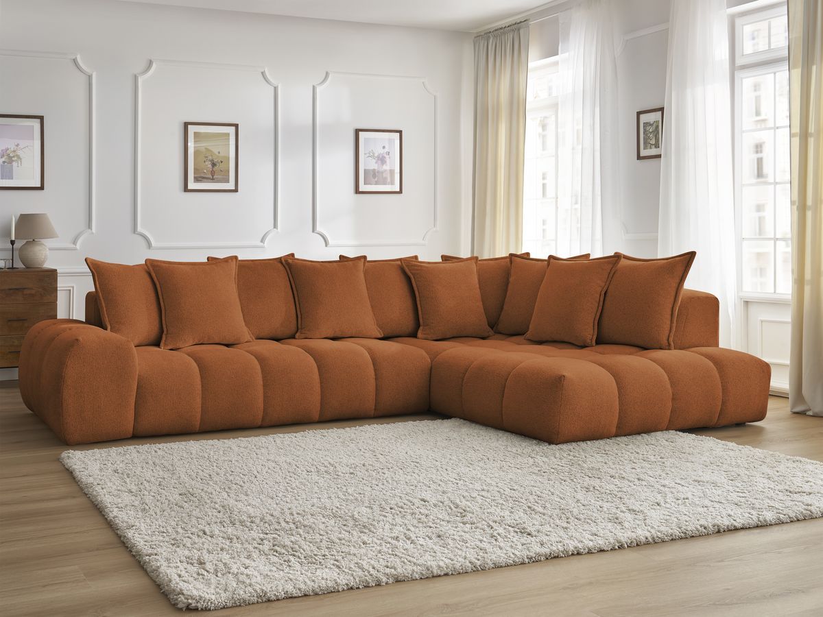 Bobochic Everest Ecksofa, 10 Kissen Melange-Stoff Orange Ecke rechts