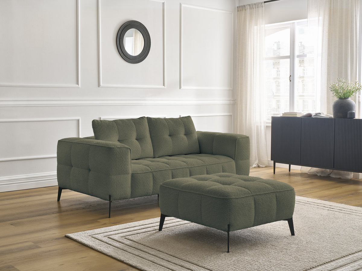 Bobochic Anis Sofa 2-Sitzer mit Pouf Bouclé-Stoff Grün