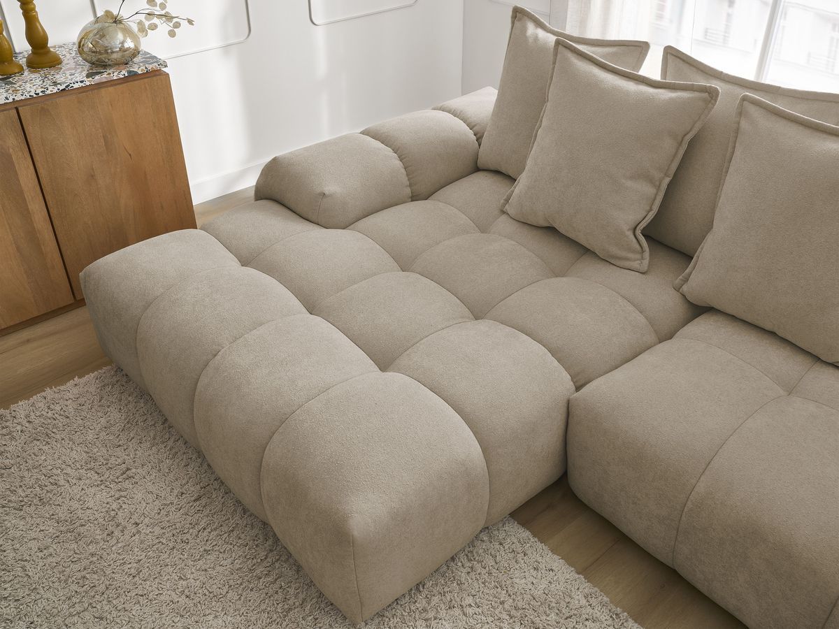 Bobochic Everest Ecksofa mit Schlaffunktion und Bettkasten 318 × 180 cm, 7 Kissen Strukturstoff Taupe Ecke links