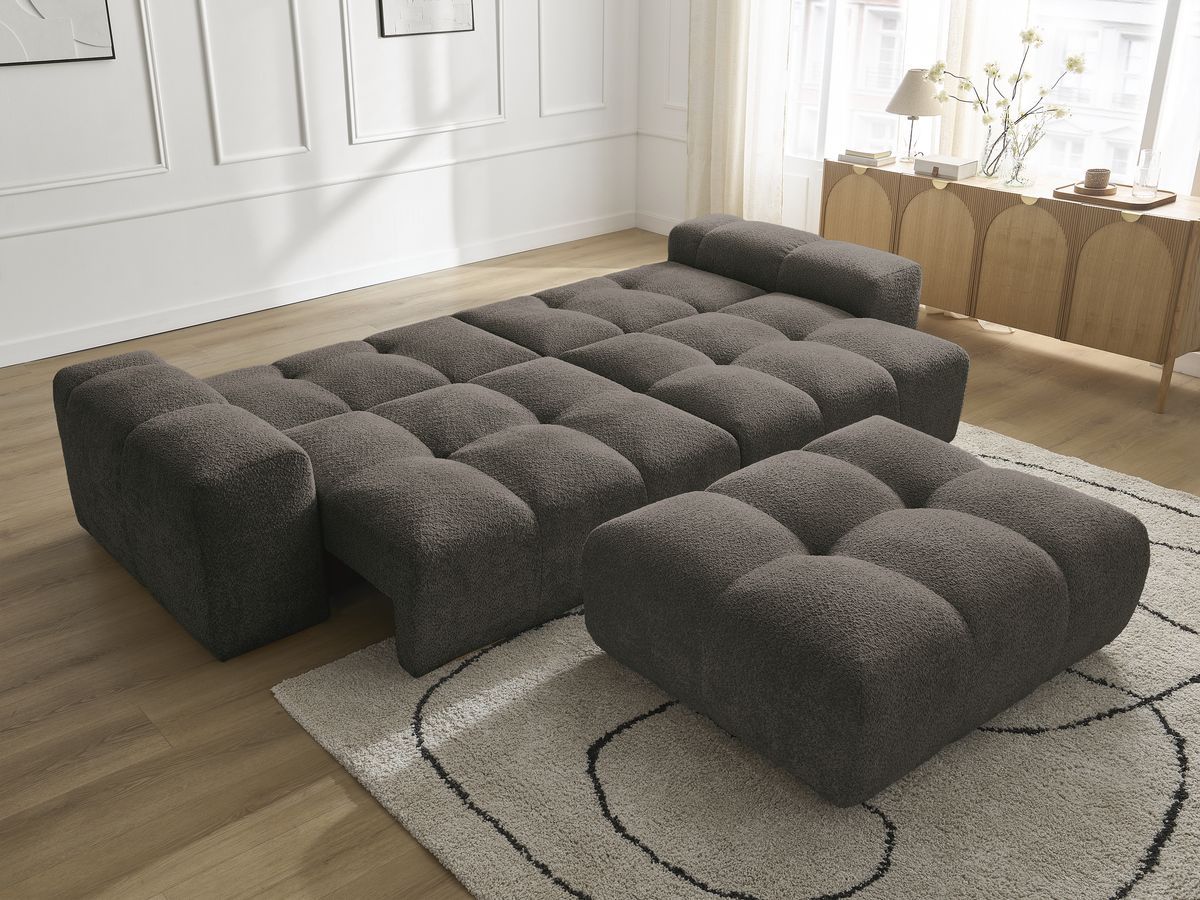 Bobochic Anakin Schlafsofa 3-Sitzer mit Bettkasten und Pouf, 6 Kissen Bouclé-Stoff Braun