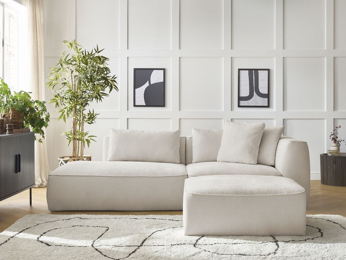 Bobochic Leopold Sofa 4-Sitzer mit Pouf Strukturstoff Beige Armlehne rechts