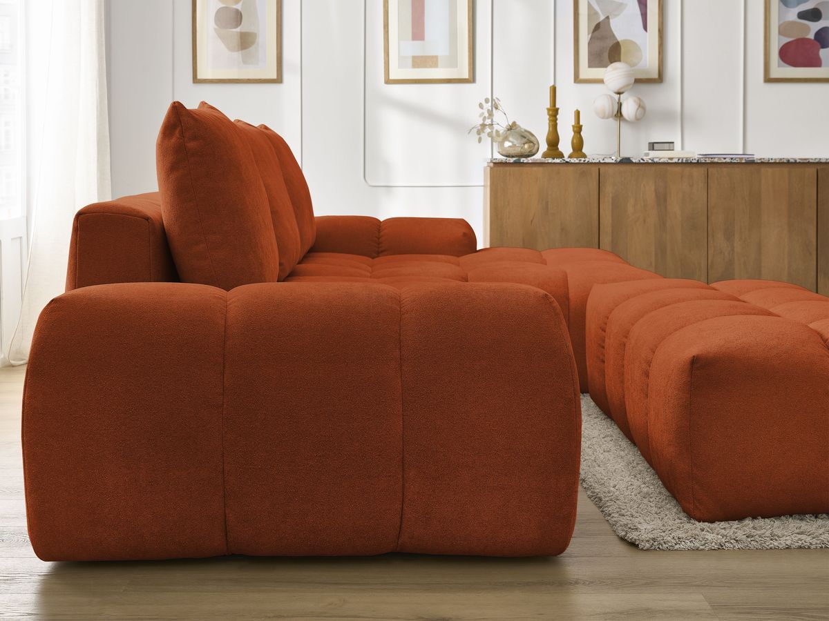 Bobochic Everest Ecksofa mit Schlaffunktion und Bettkasten und Pouf 318 × 180 cm, 3 Kissen Strukturstoff Orange Ecke rechts