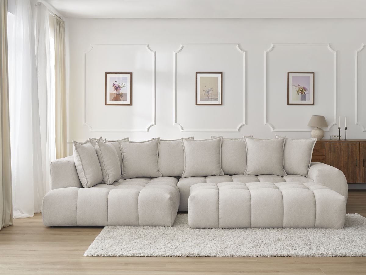 Bobochic Everest Ecksofa mit Schlaffunktion und Pouf, 10 Kissen Strukturstoff Beige Ecke links