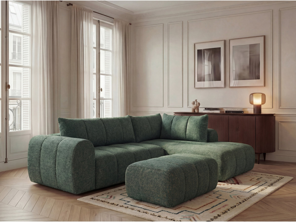 Bobochic Nesty Ecksofa in L-Form, 256 cm, mit Pouf Melange-Stoff Dunkelgrün Ecke rechts
