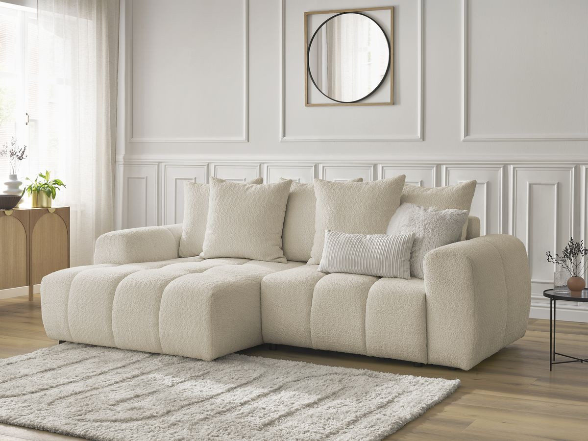 Bobochic Roxelane Ecksofa mit Schlaffunktion und Bettkasten 258 × 150 cm Bouclé-Stoff Beige Ecke links
