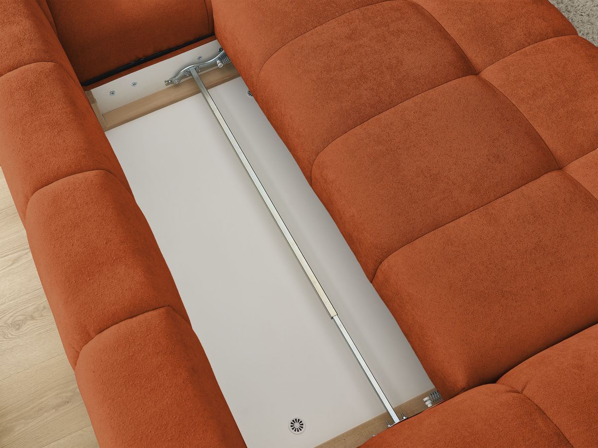 Bobochic Everest Ecksofa mit Schlaffunktion und Bettkasten 318 × 180 cm, 3 Kissen Strukturstoff Orange Ecke rechts