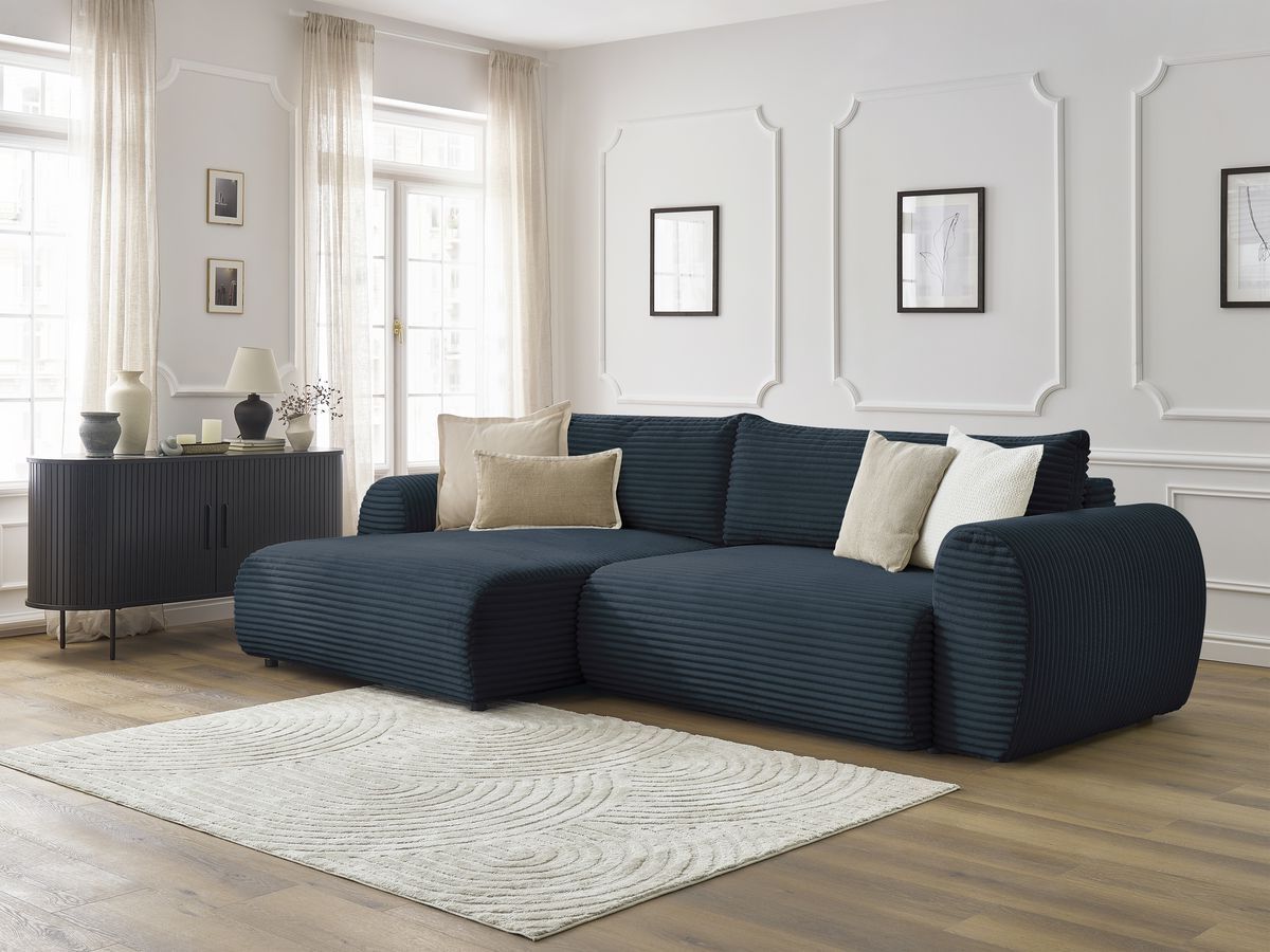 Bobochic Lucien Ecksofa mit Schlaffunktion und Bettkasten 314 × 167 cm Breitcord weich Dunkelblau Ecke links
