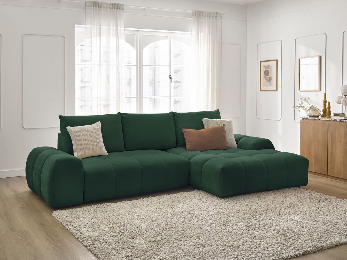 Bobochic Everest Ecksofa mit Schlaffunktion und Bettkasten 318 × 180 cm, 3 Kissen Strukturstoff Grün Ecke rechts