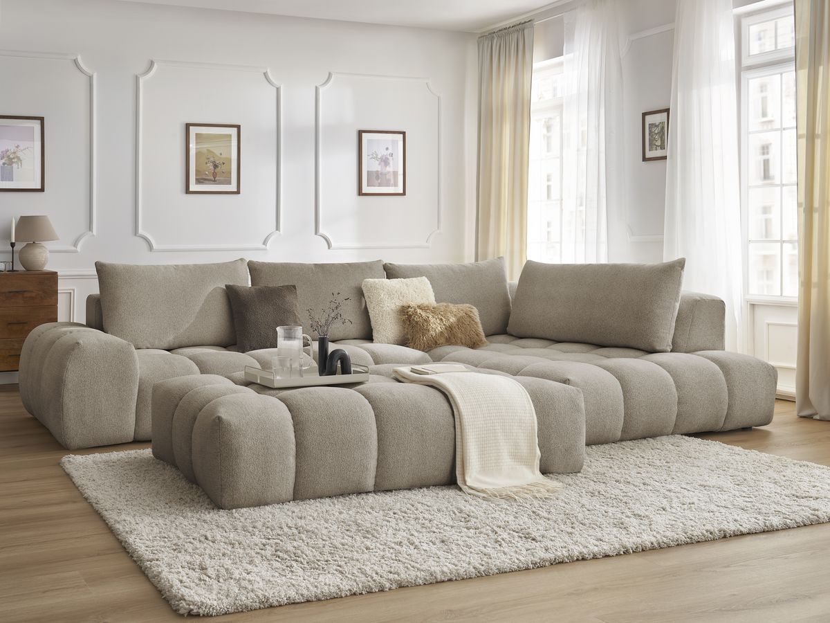Bobochic Everest Ecksofa mit Schlaffunktion und Pouf, 4 Kissen Melange-Stoff Taupe Ecke rechts