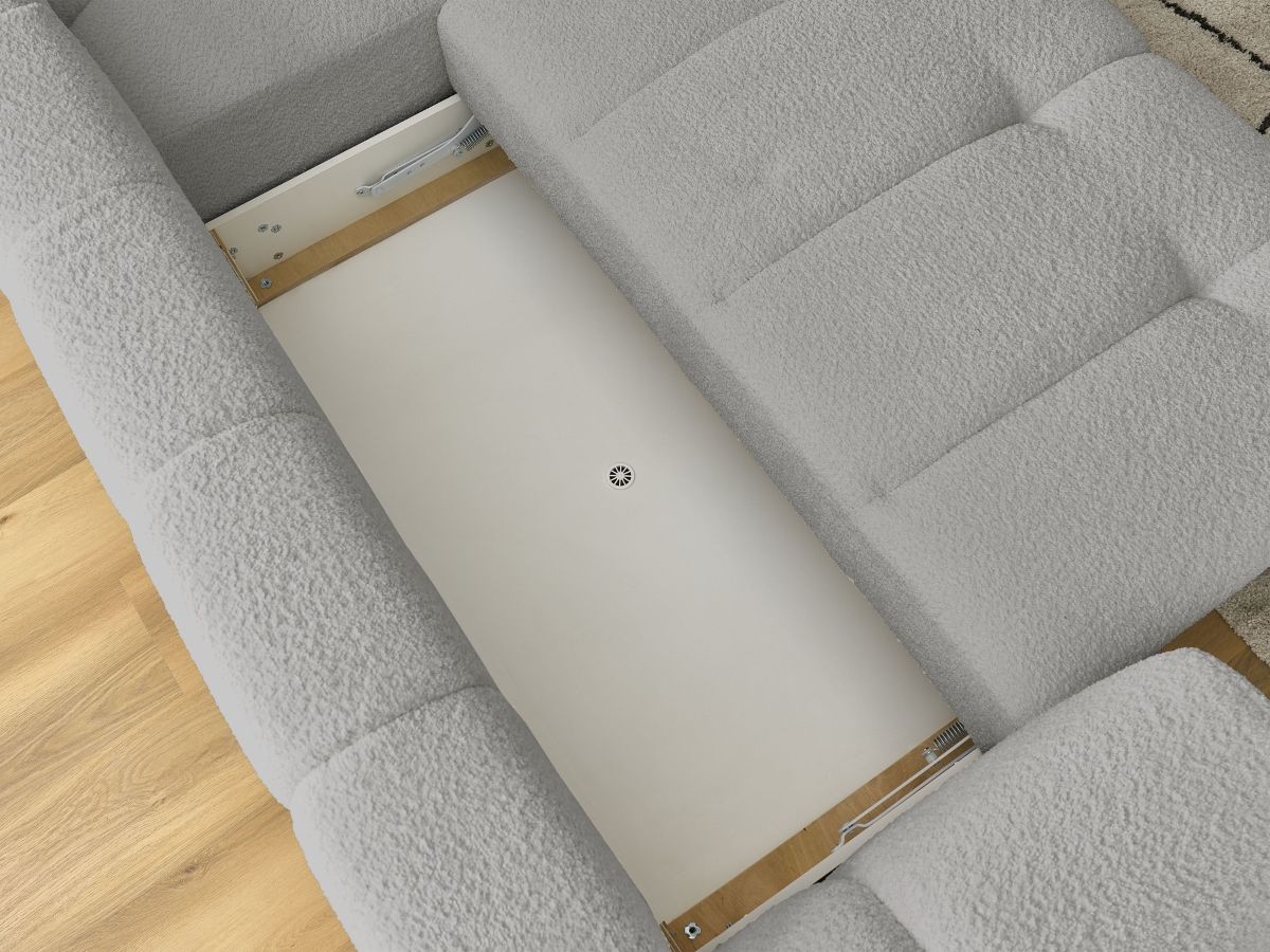 Bobochic Fuji Ecksofa mit Schlaffunktion und Bettkasten 282 × 204 cm Bouclé-Stoff Hellgrau Ecke rechts