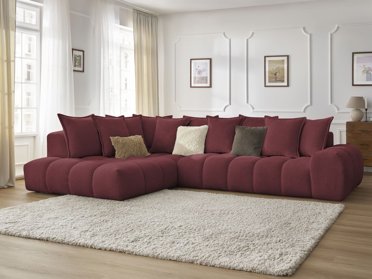 Bobochic Everest Ecksofa, 10 Kissen Melange-Stoff Rot Ecke links