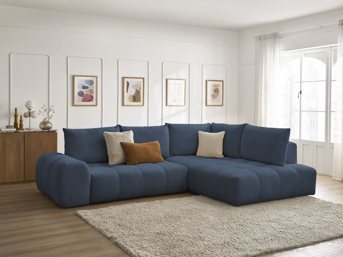 Bobochic Everest Ecksofa mit Schlaffunktion und Bettkasten 320 × 212 cm, 5 Kissen Melange-Stoff Dunkelblau Ecke rechts