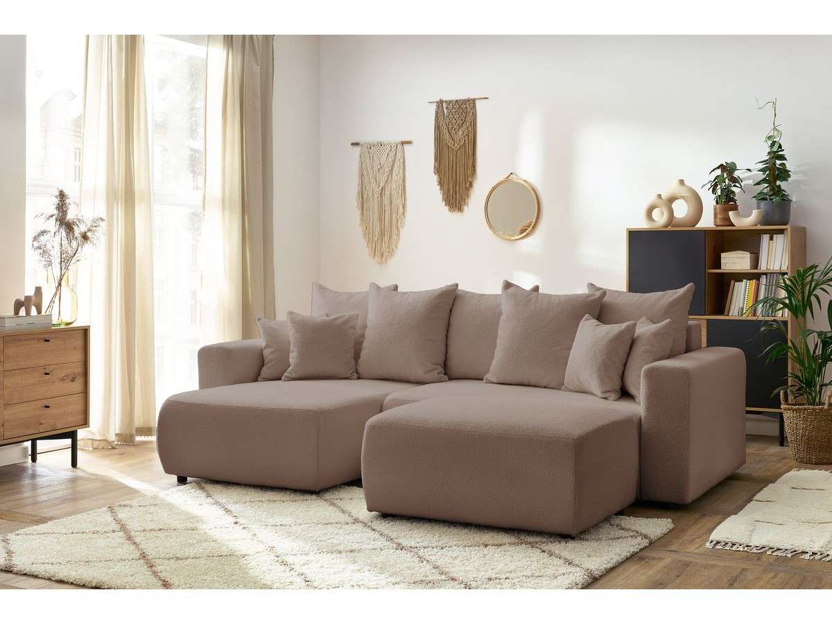Bobochic Envy Ecksofa mit Schlaffunktion und Bettkasten und rechteckigem Pouf Bouclé-Stoff Braun