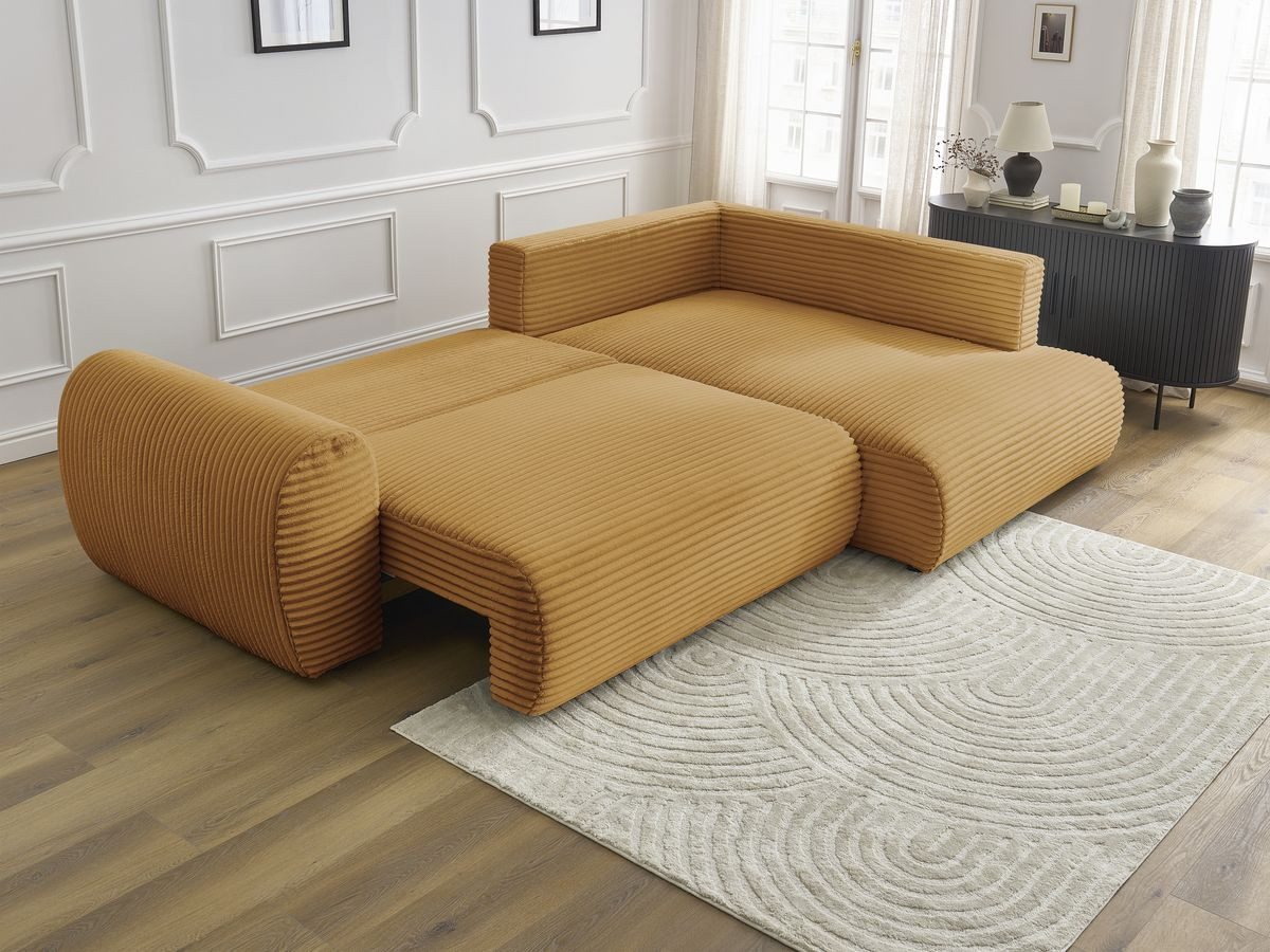 Bobochic Lucien Ecksofa mit Schlaffunktion und Bettkasten 296 × 198 cm Breitcord weich Gelb Ecke rechts