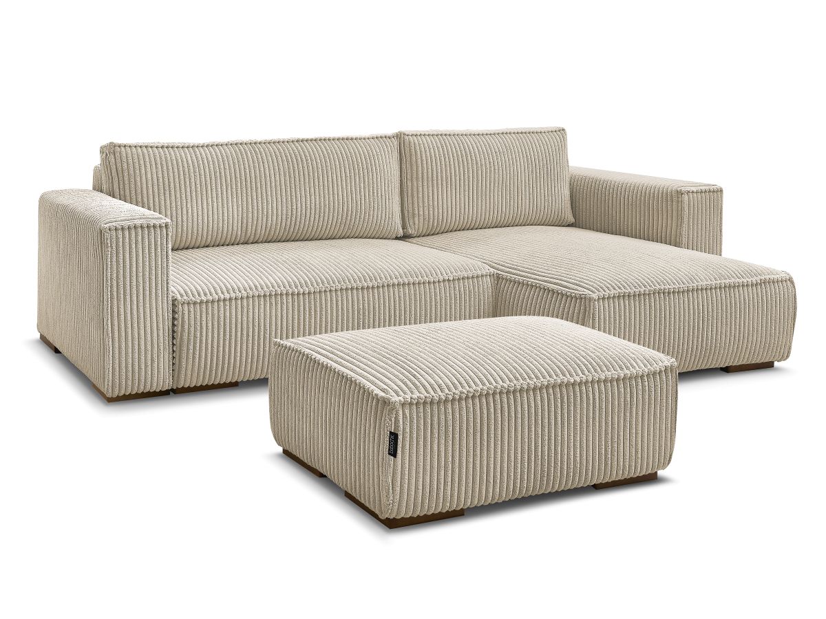 Bobochic Chelsea Ecksofa mit Schlaffunktion und Bettkasten und Pouf Breitcord weich Taupe