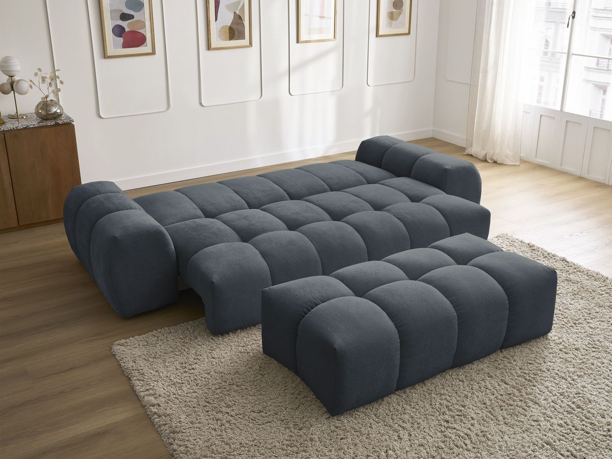 Bobochic Everest Schlafsofa 3-Sitzer mit Bettkasten und Pouf, 2 Kissen Strukturstoff Dunkelblau