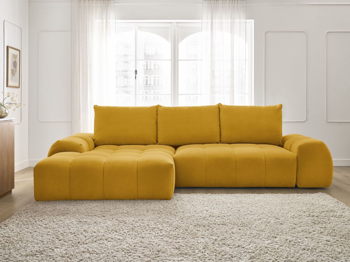 Bobochic Everest Ecksofa mit Schlaffunktion und Bettkasten 318 × 180 cm, 3 Kissen Strukturstoff Gelb Ecke links