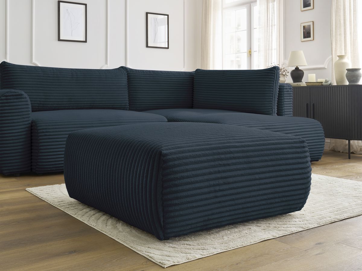 Bobochic Lucien Ecksofa mit Schlaffunktion und Bettkasten und Pouf 296 × 198 cm Breitcord weich Dunkelblau Ecke rechts