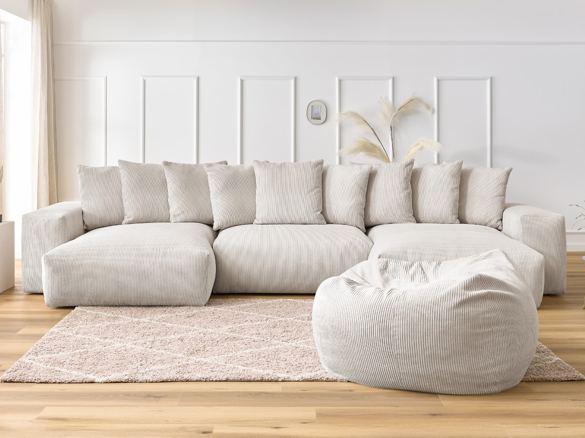 Bobochic Voltaire Wohnlandschaft mit Pouf 420 × 174 cm Cordsamt Beige