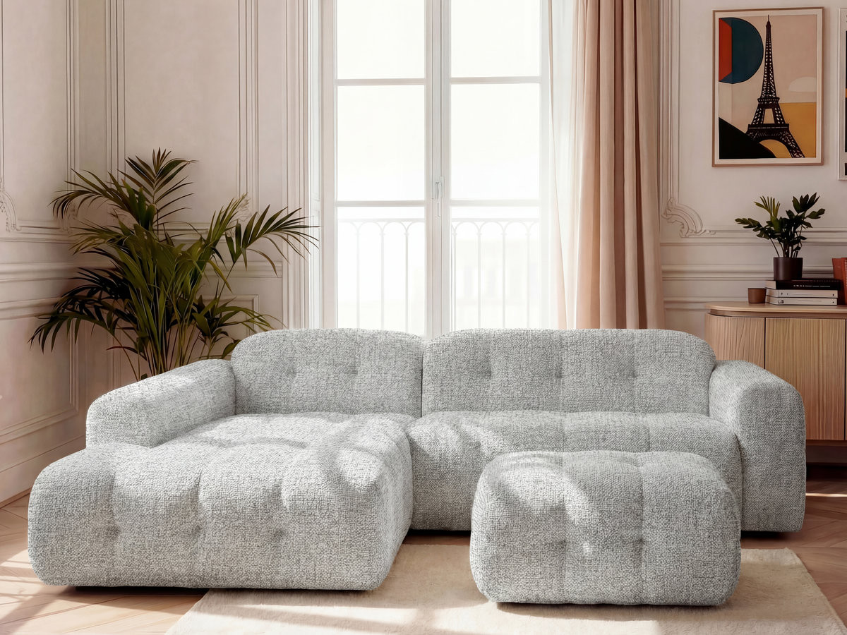 Bobochic Laura Ecksofa mit kleinem Pouf Melange-Stoff Hellgrau Ecke links