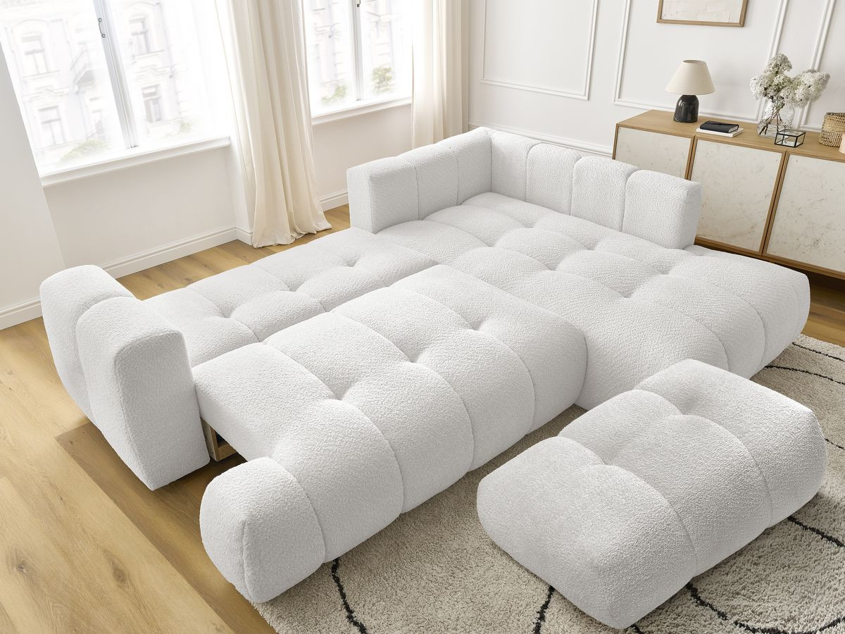 Bobochic Fuji Ecksofa mit Schlaffunktion und Bettkasten und Pouf 282 × 204 cm Bouclé-Stoff Weiß Ecke rechts