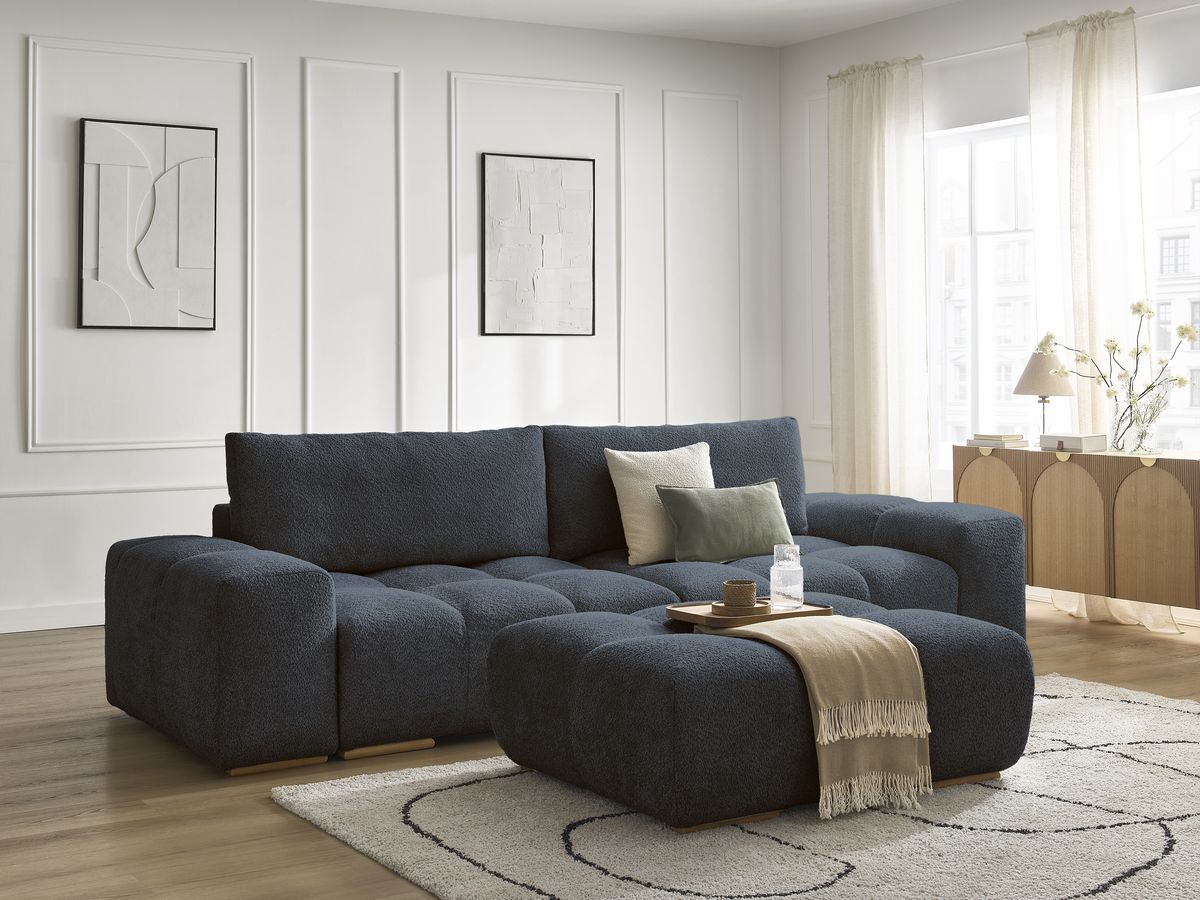 Bobochic Anakin Schlafsofa 3-Sitzer mit Bettkasten und Pouf, 2 Kissen Bouclé-Stoff Dunkelblau