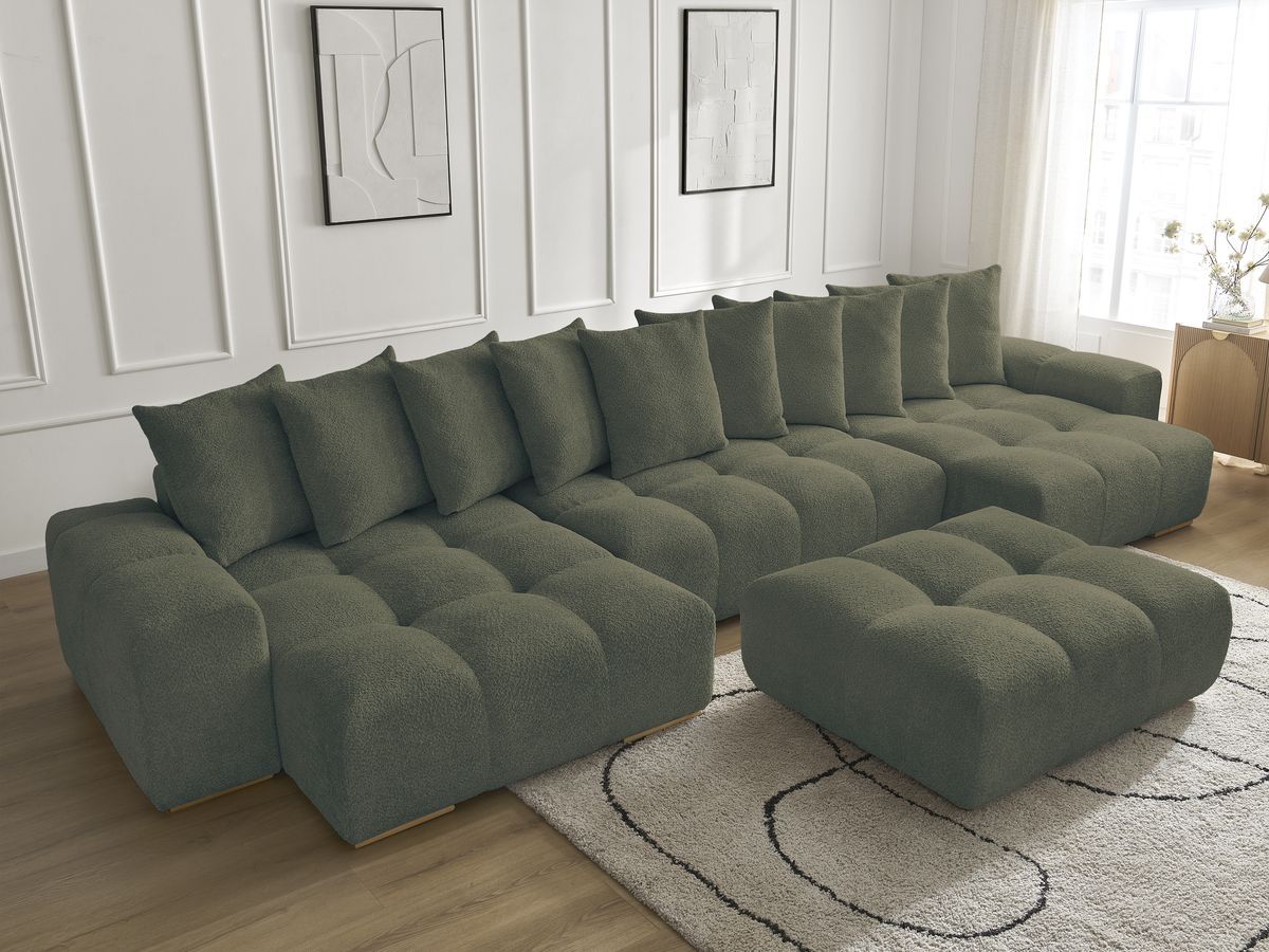 Bobochic Anakin Wohnlandschaft mit Pouf, 10 Kissen Bouclé-Stoff Grün