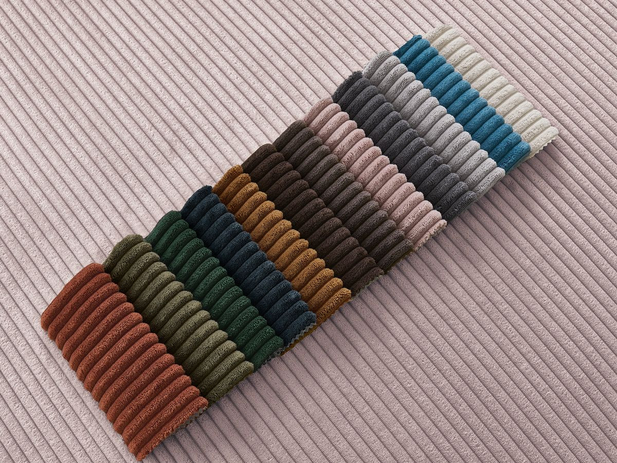 Bobochic Atilla Ecksofa mit Schlaffunktion und Bettkasten und Pouf Cordsamt Violett Ecke links