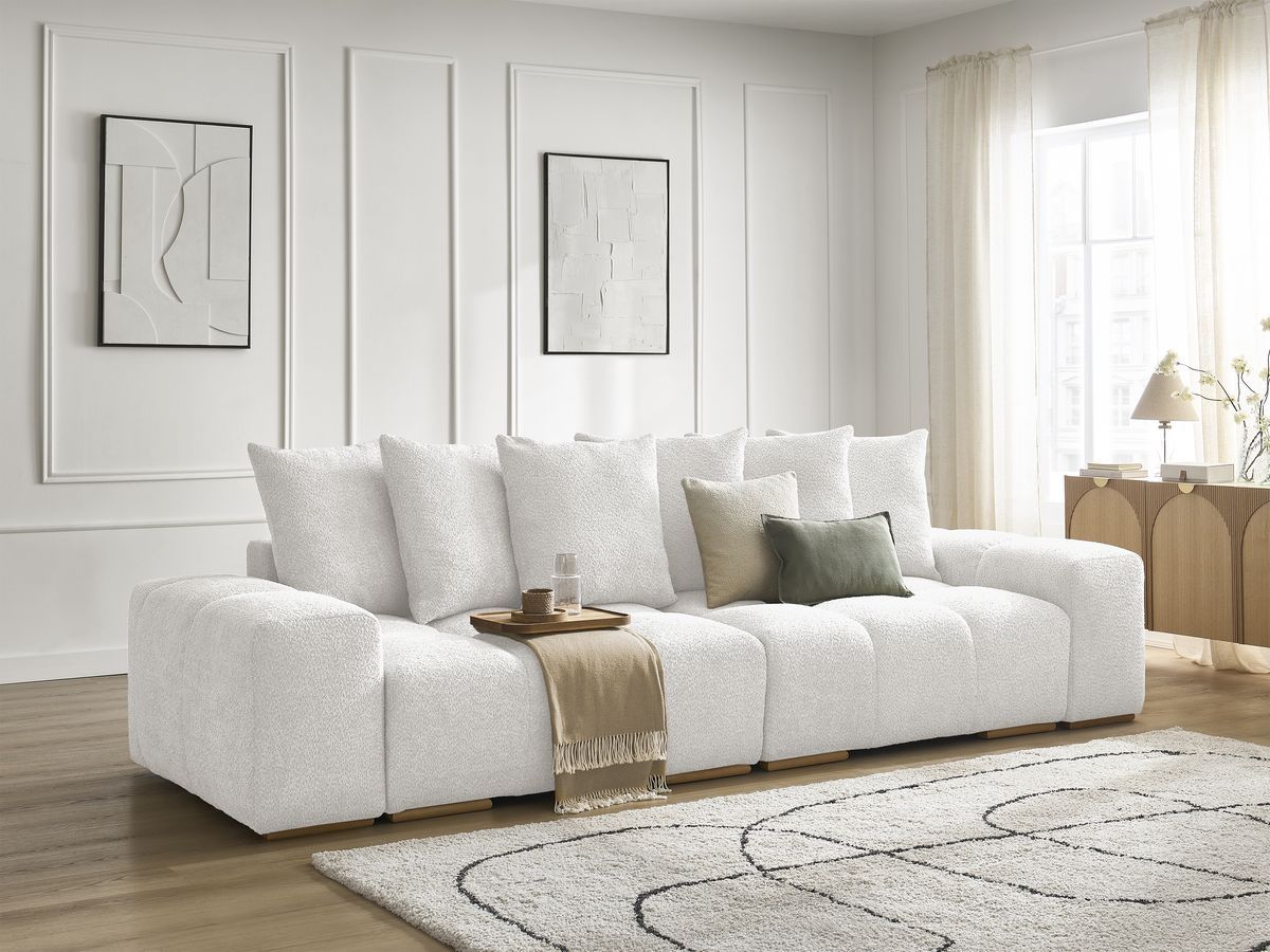Bobochic Anakin Sofa 3-Sitzer, 6 Kissen Bouclé-Stoff Weiß