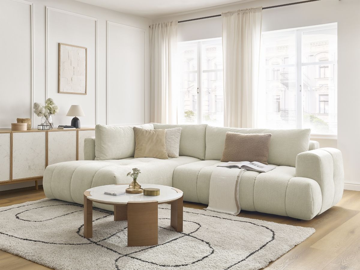 Bobochic Fuji Ecksofa mit Schlaffunktion und Bettkasten 282 × 204 cm Stoff Beige Ecke links