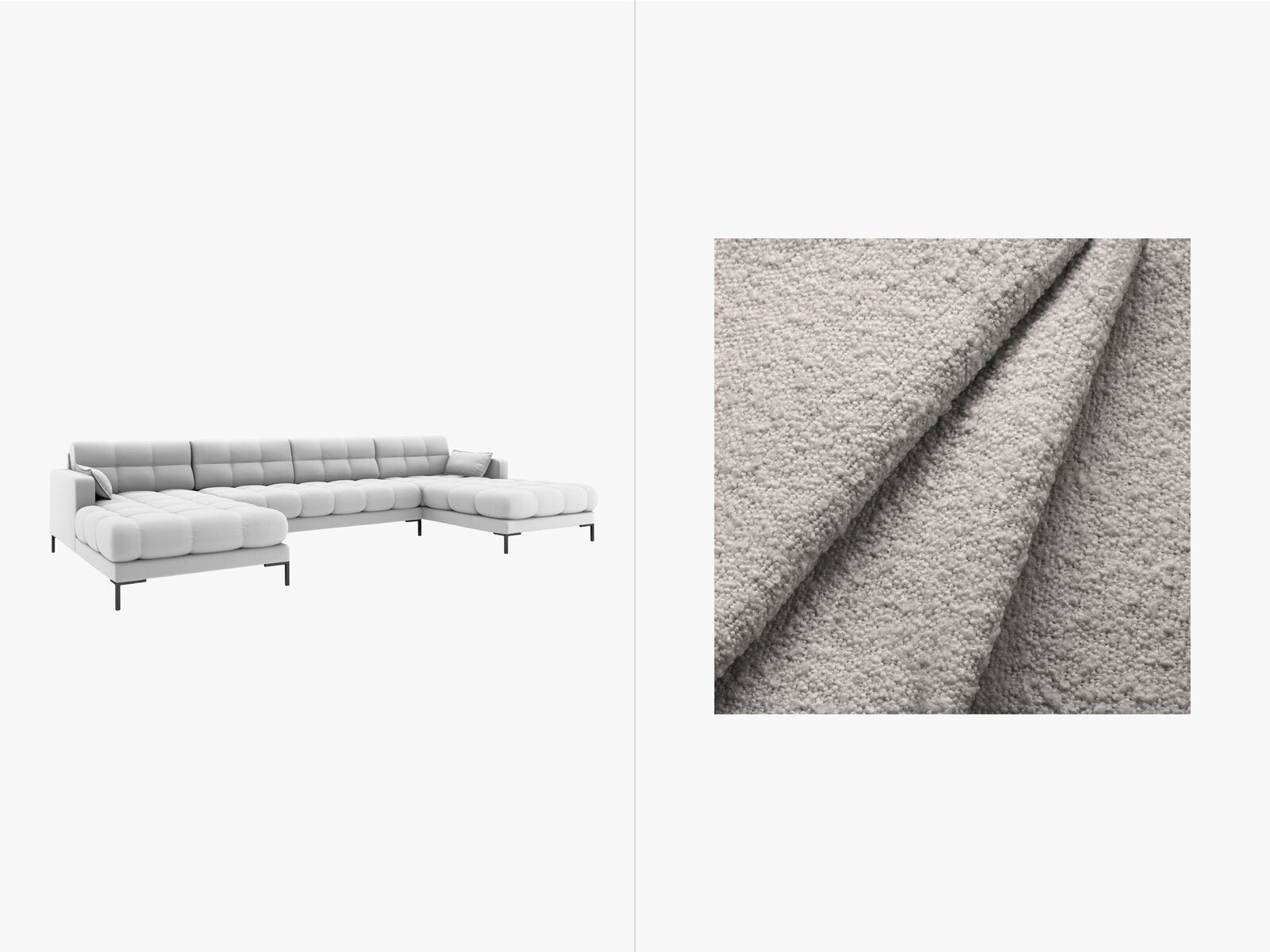 Micadoni Panorama-Sofa Mamaia 6-Sitzer Boucle Baloo Hellgrau schwarze Beine