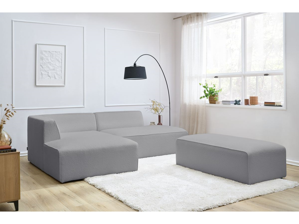 Bobochic Megeve Ecksofa mit Schlaffunktion und Pouf Bouclé-Stoff Hellgrau Ecke links