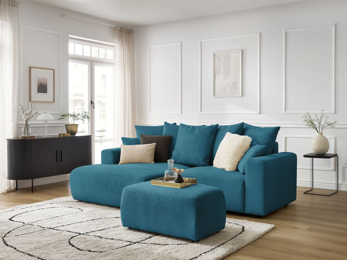 Bobochic Atilla Ecksofa mit Schlaffunktion und Bettkasten und Pouf Cordsamt Hellblau Ecke links