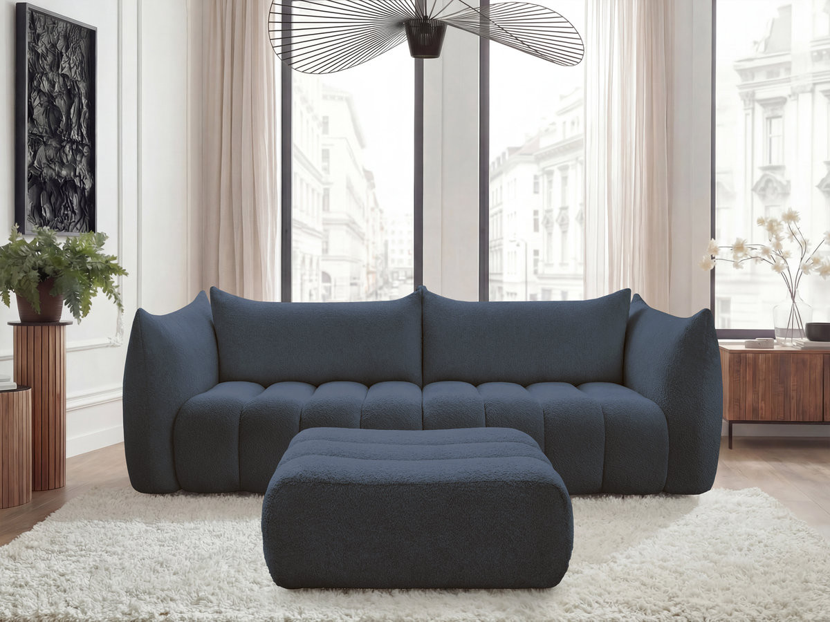 Bobochic Azra Sofa 4-Sitzer mit Pouf Bouclé-Stoff Dunkelblau