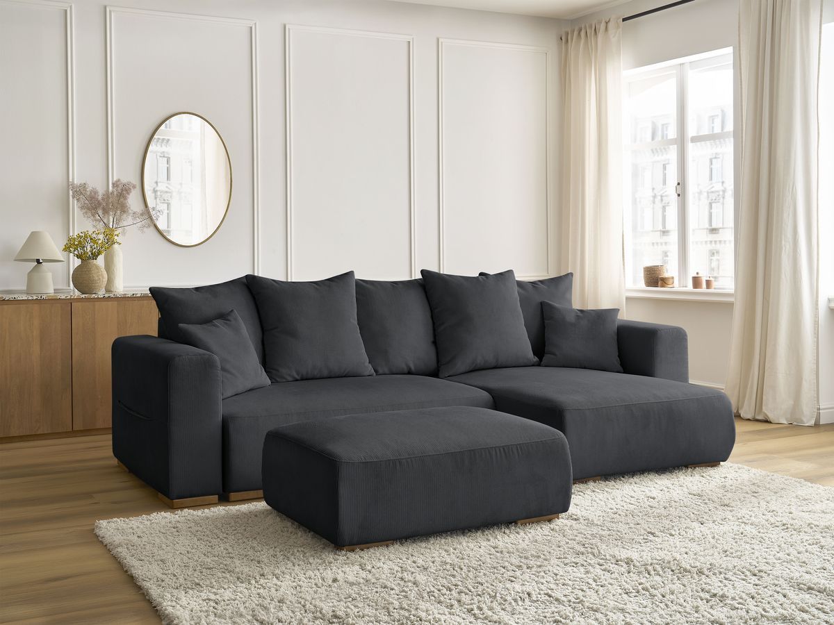 Bobochic Sidonie Ecksofa mit Schlaffunktion und Bettkasten und Pouf Cordsamt Schwarz