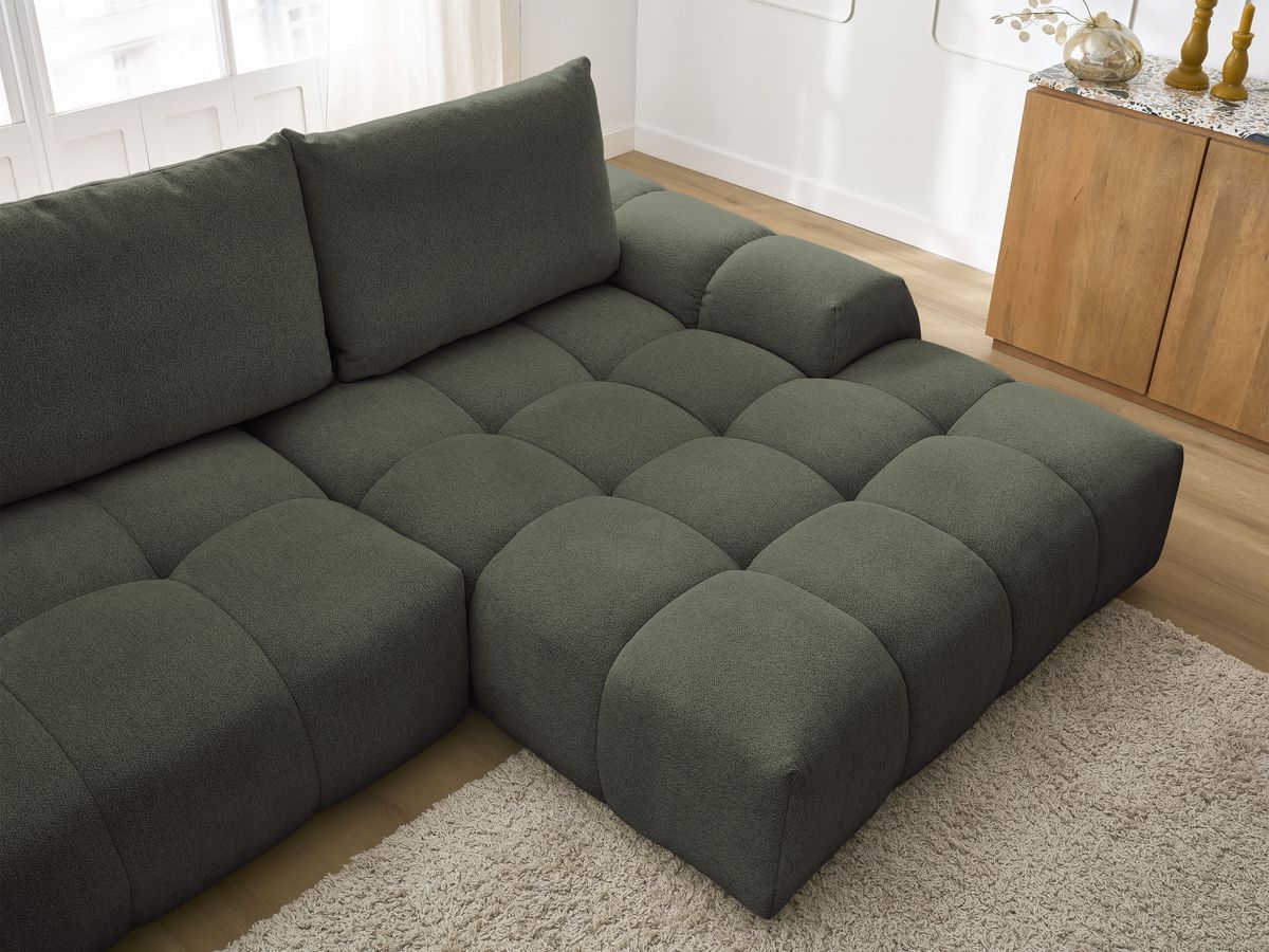 Bobochic Everest Ecksofa mit Schlaffunktion und Bettkasten 318 × 180 cm, 3 Kissen Melange-Stoff Grün Ecke rechts