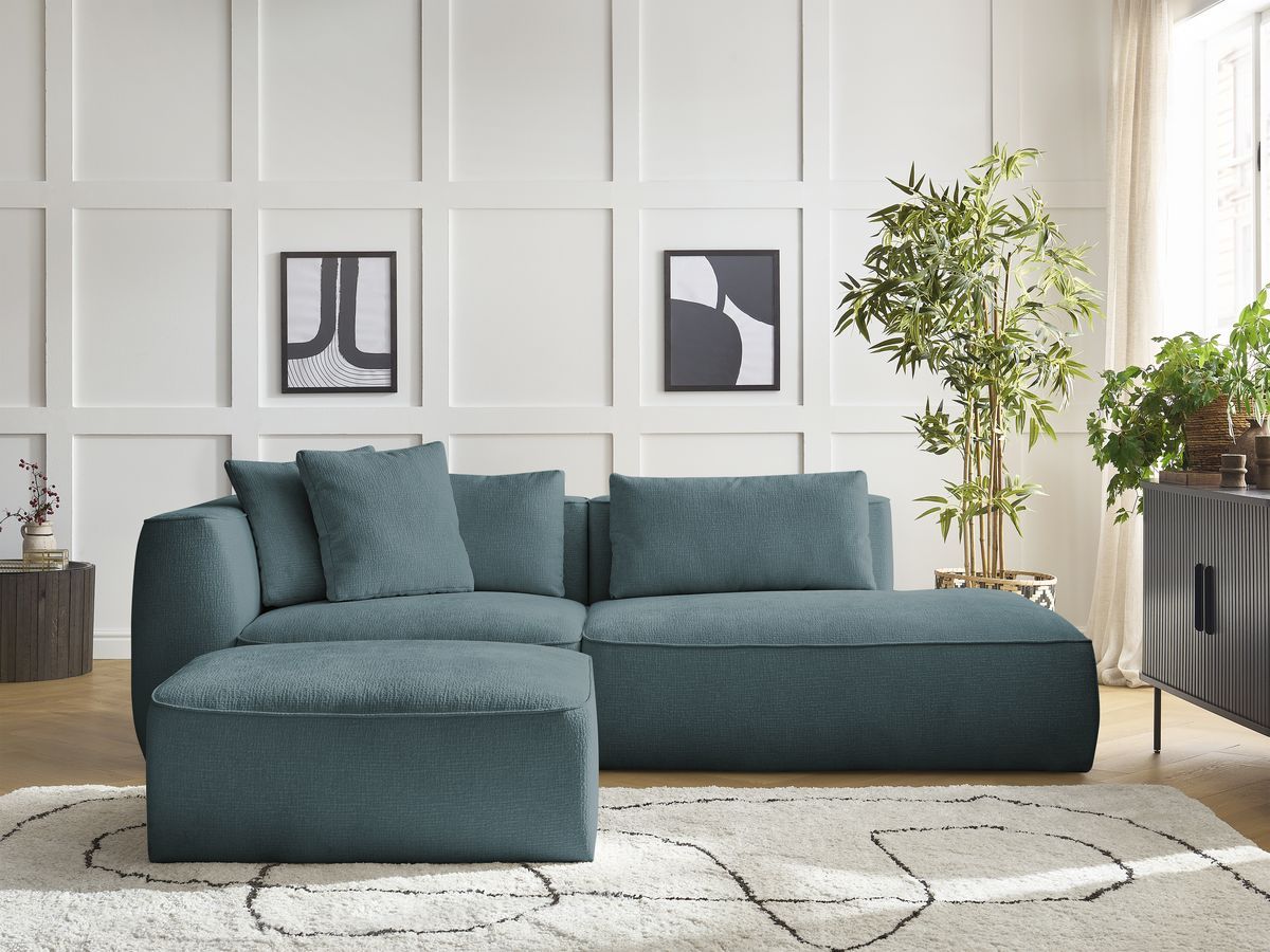 Bobochic Leopold Sofa 4-Sitzer mit Pouf Strukturstoff Dunkelblau Armlehne links