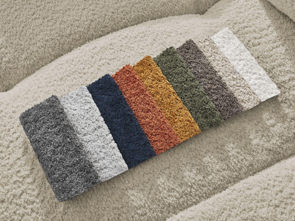 Bobochic Roxelane Ecksofa mit Schlaffunktion und Bettkasten und Pouf 258 × 150 cm Bouclé-Stoff Beige Ecke links