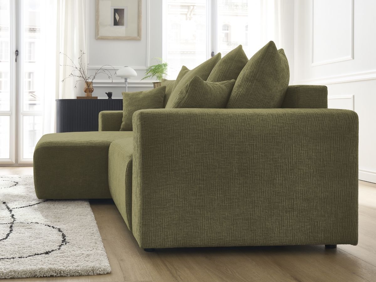 Bobochic Atilla Ecksofa mit Schlaffunktion und Bettkasten Strukturstoff Grün Ecke links