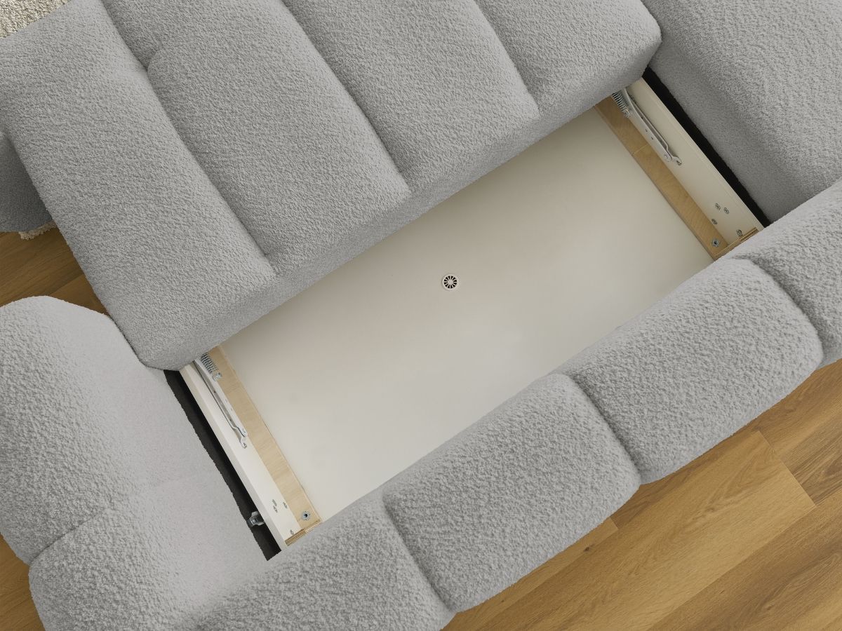 Bobochic Fuji Ecksofa mit Schlaffunktion und Bettkasten und Pouf 292 × 160 cm Bouclé-Stoff Hellgrau Ecke links