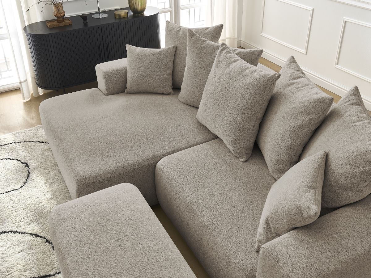 Bobochic Atilla Ecksofa mit Schlaffunktion und Bettkasten und Pouf Melange-Stoff Taupe Ecke links