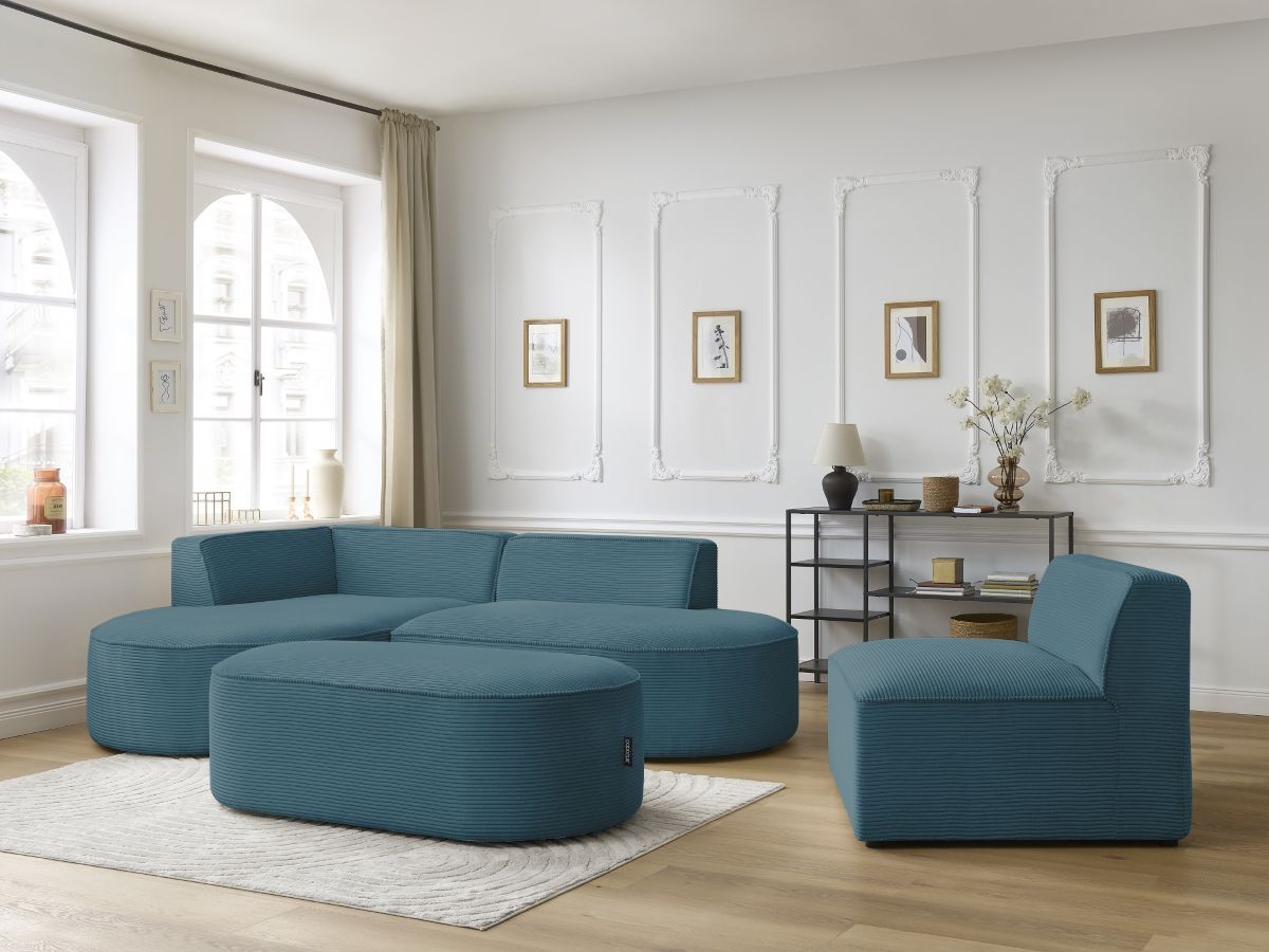 Bobochic Rousseau Ecksofa mit Sofamodul und Pouf Cordsamt Dunkelblau Ecke links