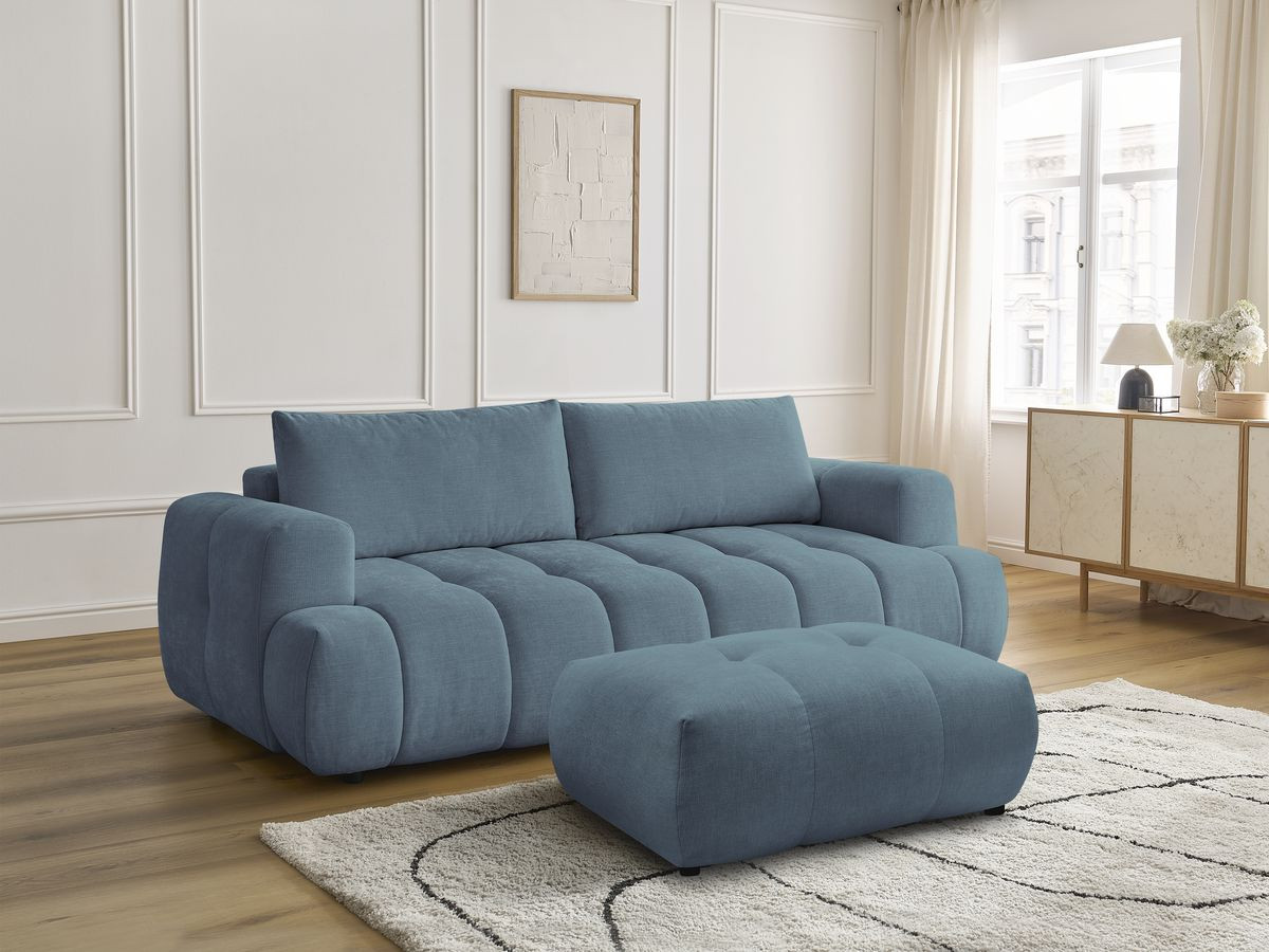 Bobochic Fuji Schlafsofa 3-Sitzer mit Bettkasten und Pouf Stoff Hellblau