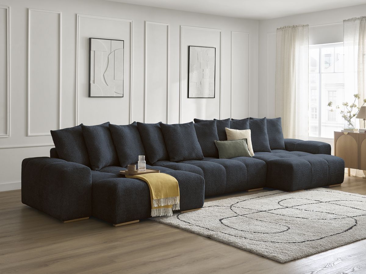 Bobochic Anakin Wohnlandschaft, Liegefläche 137 × 382 cm, 10 Kissen Bouclé-Stoff Dunkelblau