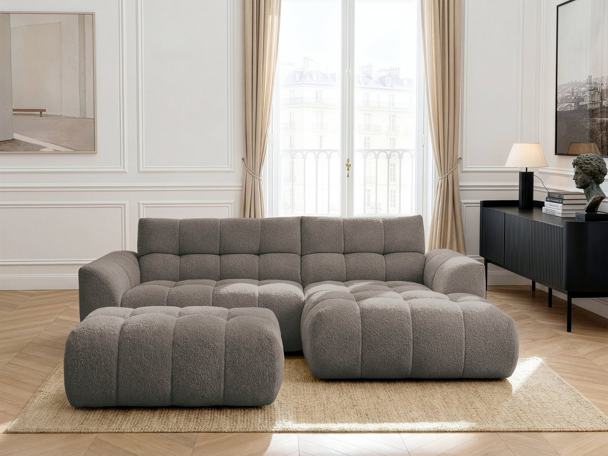 Bobochic Jaya Ecksofa mit Pouf Chenille Taupe Ecke rechts