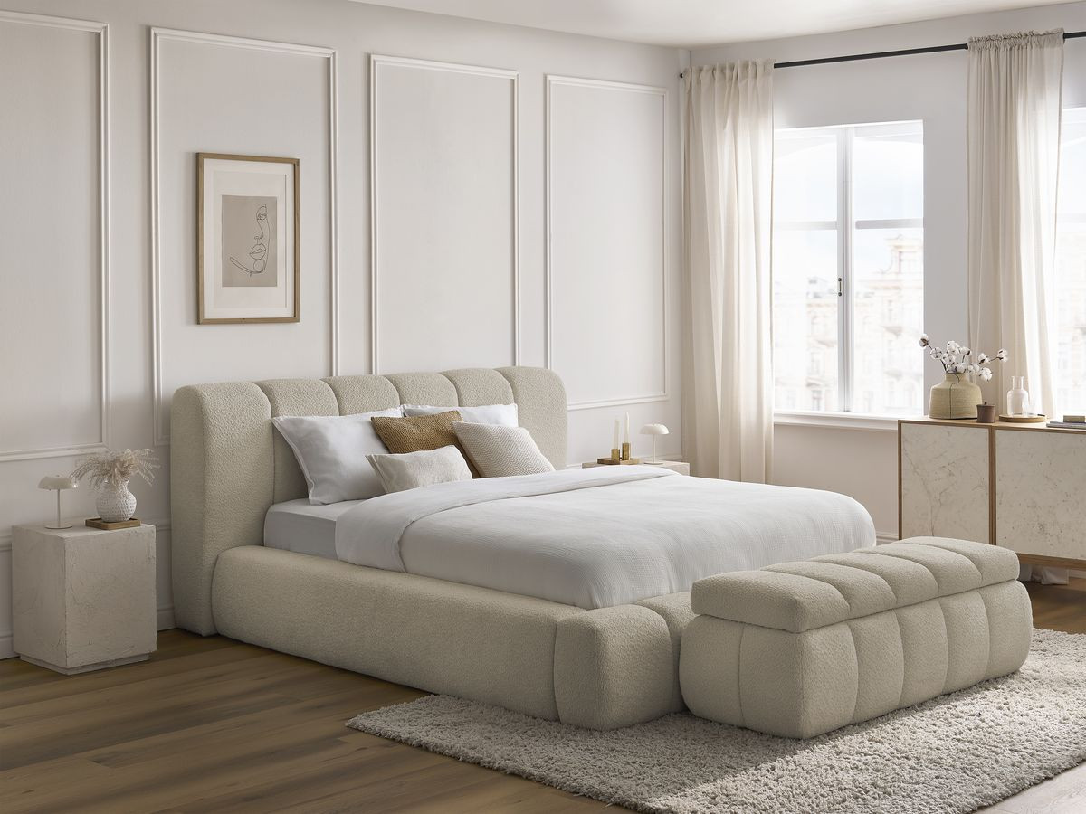 Bobochic Denali Polsterbett mit Bettkasten mit Bettbank Bouclé-Stoff Beige, Liegefläche 140 × 190 cm