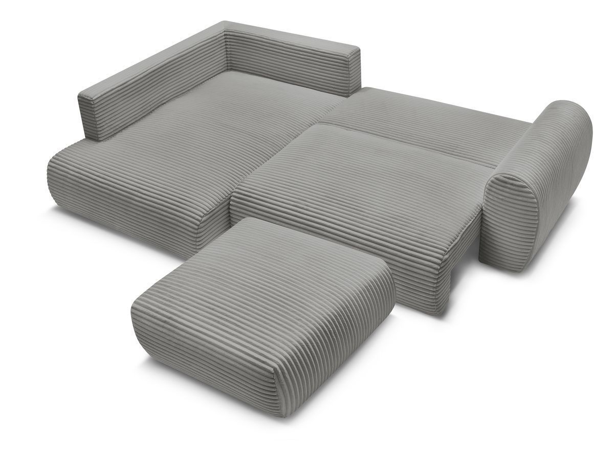 Bobochic Lucien Ecksofa mit Schlaffunktion und Bettkasten und Pouf 296 × 198 cm Breitcord weich Dunkelgrau Ecke links