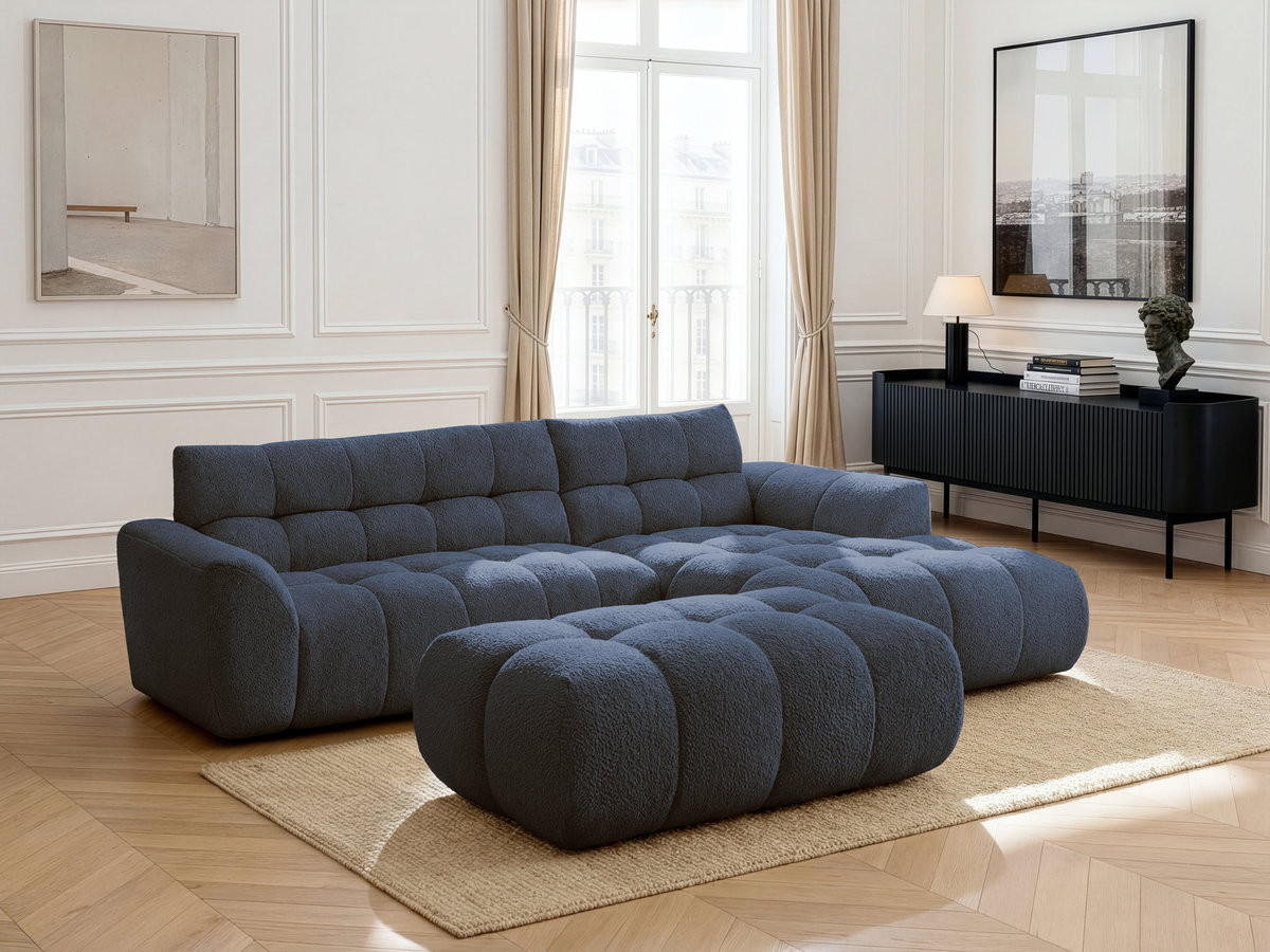 Bobochic Jaya Ecksofa mit Pouf Chenille Dunkelblau Ecke rechts