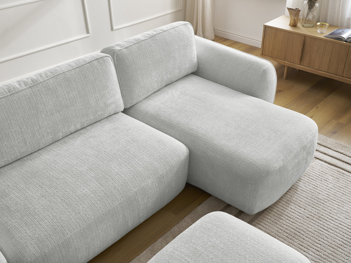 Bobochic Denise Ecksofa mit Schlaffunktion und Bettkasten und Pouf 258 × 160 cm Strukturstoff Hellgrau Ecke rechts