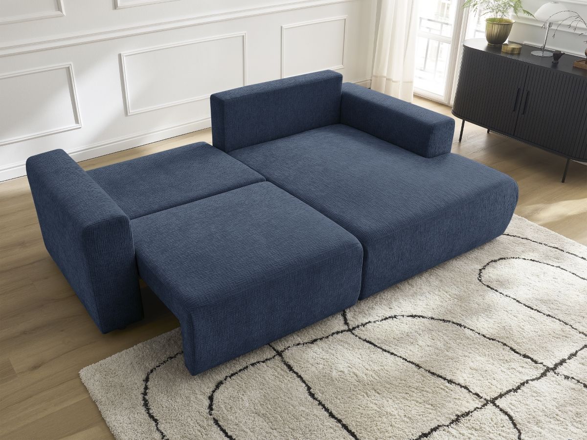 Bobochic Atilla Ecksofa mit Schlaffunktion und Bettkasten Strukturstoff Dunkelblau Ecke rechts